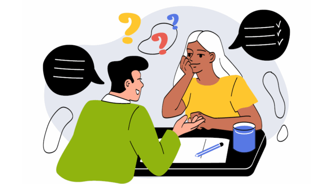 Cartoon illustration of job interview asking questions and discussing a job role
