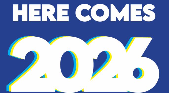 Here come 2026 in big bold lettering with a blue background