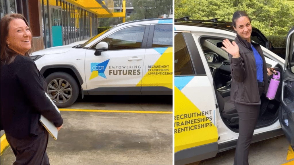 Amanda Lennon and Jemma Tesoriero with CCGT branded cars