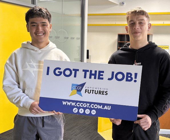 CCGT apprentices holding an 'i got the job' sign